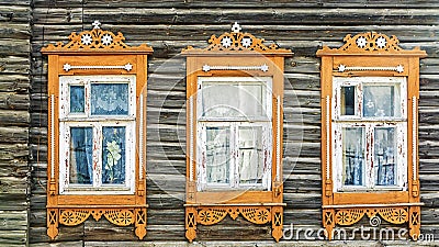 Facade Russian house with carved architraves Stock Photo