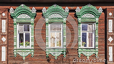 Facade Russian house with carved architraves Stock Photo