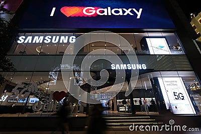 Facade of Samsung`s flagship store at night Editorial Stock Photo