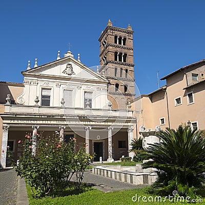 Facade of Santa Cecilia`s Church in Trastevere Rome Stock Photo