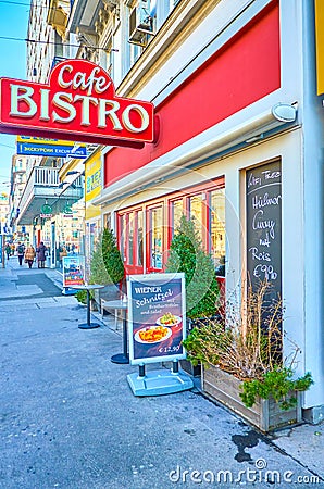 THe facade of small cafe Bistro in Vienna, Austria Editorial Stock Photo