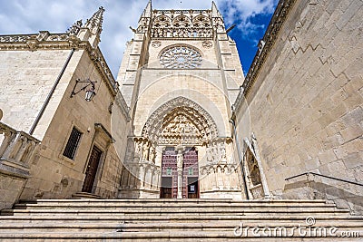 Facade and stairs of the Sarmental or Sacramental door Entrance of beautiful gothic Cathedral of Saint Mary of Burgos, Spain Editorial Stock Photo