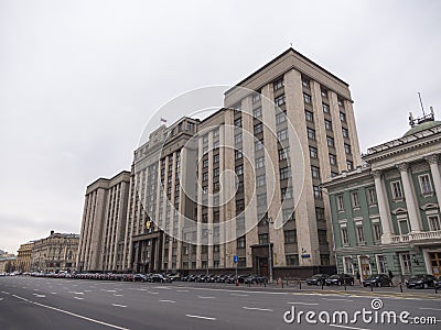 Facade of the State Duma, Parliament building of Russian Federation, landmark in central Moscow Editorial Stock Photo