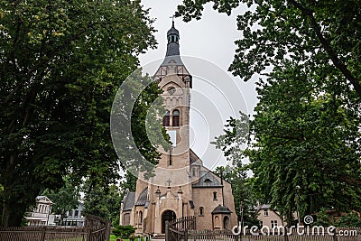 facade steeple of the dubulti lutheran evangelical church in Jurmala. It's a major protestant lutheran church of Latvia, Stock Photo