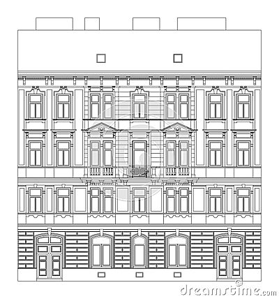 Facade of a 4 story townhouse in an European City around 1900. Drawing, true to scale. Stock Photo