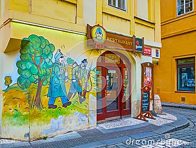 The facade of Svejk Restaurant, on March 5 in Prague, Czech Republic Editorial Stock Photo