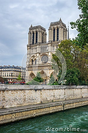 Facade and towers of the Notre Dame Cathedral in Paris Editorial Stock Photo