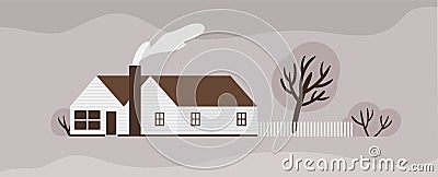 Facade of town house or cottage in Scandic style. Wooden Scandinavian building with fence. Modern suburban residence or Vector Illustration