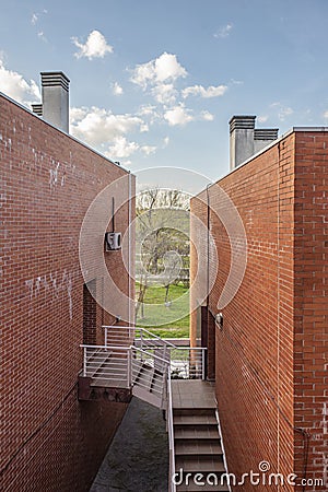facade of two buildings linked by stairs and views Editorial Stock Photo