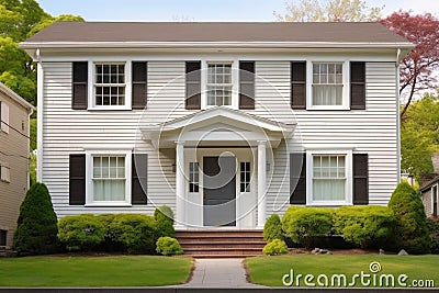 facade of a two-story colonial house with symmetrical windows Stock Photo