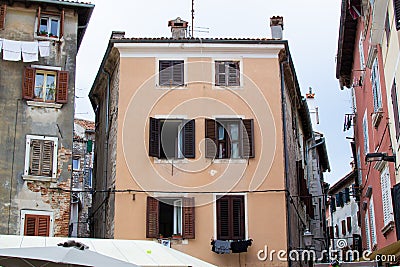Facade of typical croatian colorful house in the picturesque old town of Rovinj, in Croatia Stock Photo