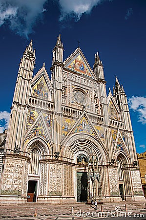 Facade view of the opulent and monumental Orvieto Cathedral . Editorial Stock Photo