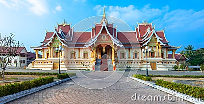 Facade of Wat That Luang Neua near golden stupa in Vientiane Stock Photo