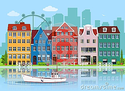 Facades of cute european old buildings Vector Illustration