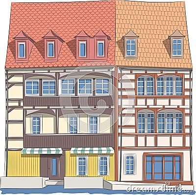 Facades of old houses above the canal in Bamberg Vector Illustration