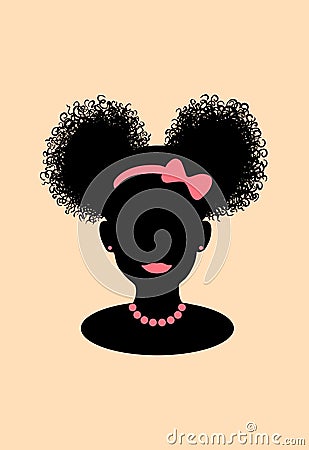Little black african american girl head with curly pony tail puffs and pink ribbon bow cricut vector silhouette illustration . Cartoon Illustration