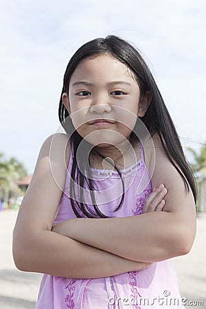 Face of asian girl hug herself with smiling face happy emotion Stock Photo