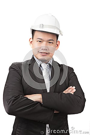 face of asian man civil engineer of construction industry business isolated white background Stock Photo