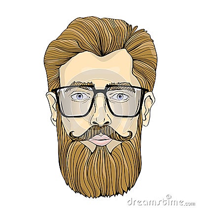 Face of a bearded man with glasses. Vector portrait illustration, isolated on white background. Vector Illustration