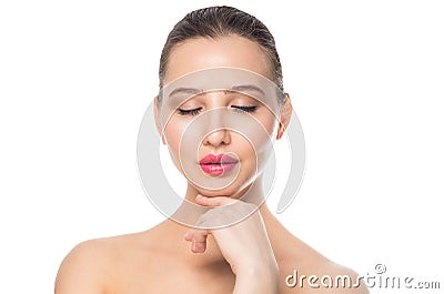 Face of a beautiful woman, close up portrait. Spa, makeup, care, clean skin concept. white background Stock Photo