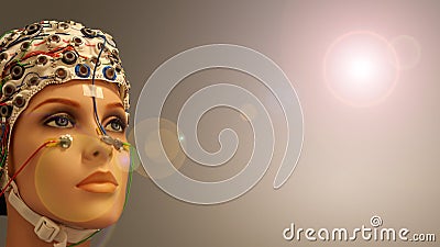 Face of beautiful woman manikin with a EEG hat under experimental recording of brain activity at smooth background with lens flare Stock Photo