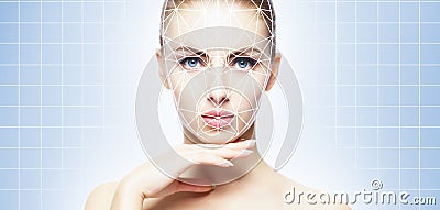 Face of a beautifyl girl with a scnanning grid on her face. Face id, security, facial recognition, authentication Stock Photo