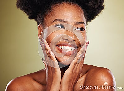 Face beauty, skincare and black woman in studio on a green background. Aesthetics, makeup and happy female model from Stock Photo