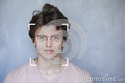 Face Biometrics, The concept of a new technology of face recognition on polygonal grid is constructed by the points of IT security Stock Photo