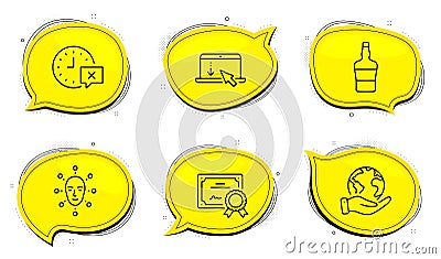 Face biometrics, Scotch bottle and Time icons set. Scroll down sign. Vector Vector Illustration