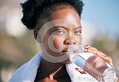 Face of black woman and drinking water for sports break, energy and workout, training and diet. Portrait of thirsty Stock Photo