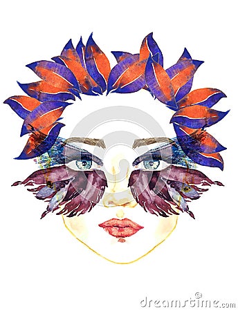 Face with blue fairy eyes with makeup, blue and dark purple wings of butterfly shape eyeshadows, chubby lips, floral hairstyle Cartoon Illustration