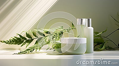 Face and body beauty cosmetics in nature Style, Minimalist Set with Serene Atmosphere and Sunlight Stock Photo