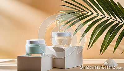 Face and body cream glass jars on cube under leaf shadows, cosmetic container mockup Stock Photo