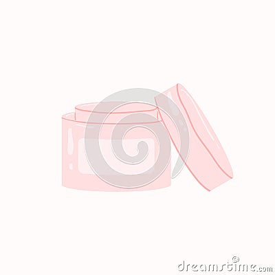 Face or body cream open jar. Hand drawn pink color vectore icon on light background. Vector Illustration