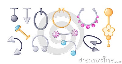 Face and body jewelry accessories for piercing set. Metallic silver and golden ring, earring, barbell, cone and ball. Fashion Vector Illustration