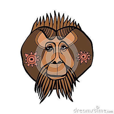 The face of Bornean Orangutan. Line art colorful vector drawing. Totem animal, tattoo design, symbol. Vector Illustration