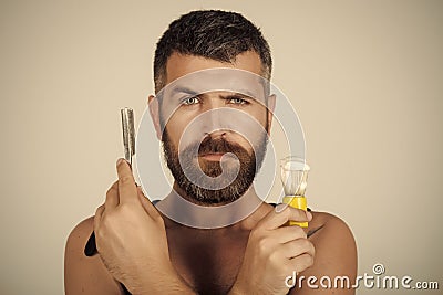 Face boy for magazine cover. Man face portrait in your advertisnent. Serious hipster in barbershop, new technology. Stock Photo