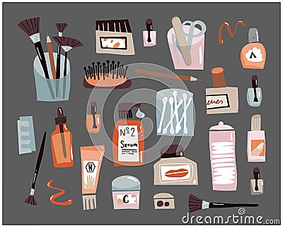 Face care doodle Set. Outline Beauty accessories for every day care. Cotton buds, nail file, cream and comb Vector Illustration