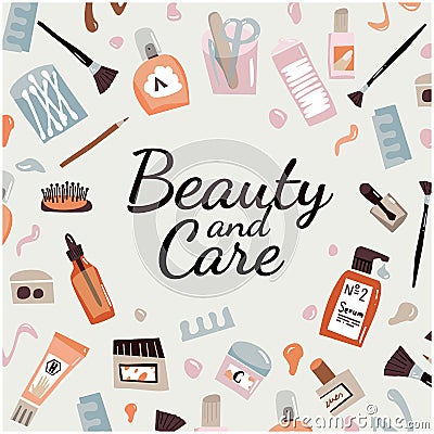 Face care doodle Set. Outline Beauty accessories for every day care. Cotton buds, nail file, cream and comb Vector Illustration