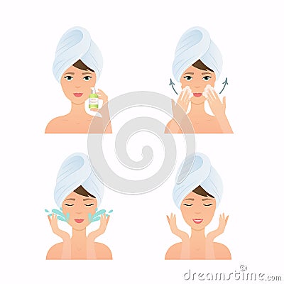 Face care routine. Girl Cleaning And Care Her Face. Steps how to Vector Illustration