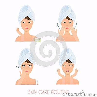 Face care routine. Girl Care Her Face. Steps how to apply facial Vector Illustration