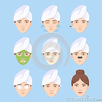 Face care routine set. Step by step korean method. Beatiful girl with acne and tovel on head washing face. Cleaning Vector Illustration