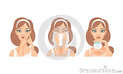Face Care Routine with Young Girl with Pink Headband Drying Wet Skin with Towel and Holding Cream Vector Set Vector Illustration