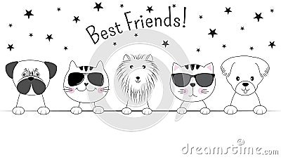 Face cats and dogs best friends isolated on white background. Contour silhouette Vector Illustration