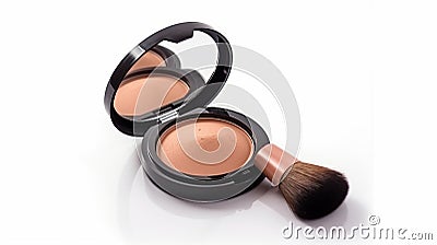 Face compact makeup powder with brush. Realistic cosmetic powder in round plastic case with mirror, Generative Ai Stock Photo