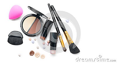 Face contouring makeup products over white. Highlight, shade, contour and blend Stock Photo