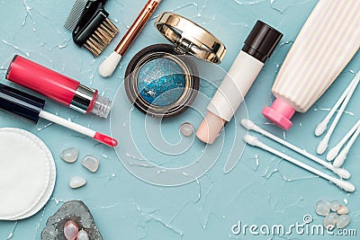 Face cosmetics, makeup removing, lip balm, lip gloss, eye shadow, Foundation fluid and other Stock Photo