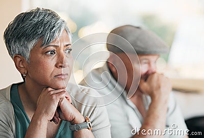 Face of couple, fight and conflict of divorce for breakup, argument and ignore partner at home. Sad, depressed and Stock Photo