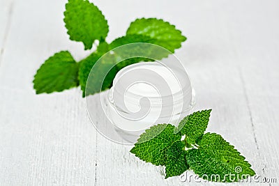 Face cream in glass jar with green leaves of urtica Stock Photo