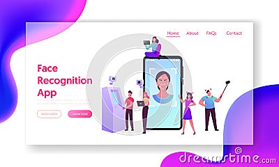 Face Detection, Facial Recognition Landing Page Template. Tiny Characters Scanning Face Id on Smartphone, Verification Vector Illustration